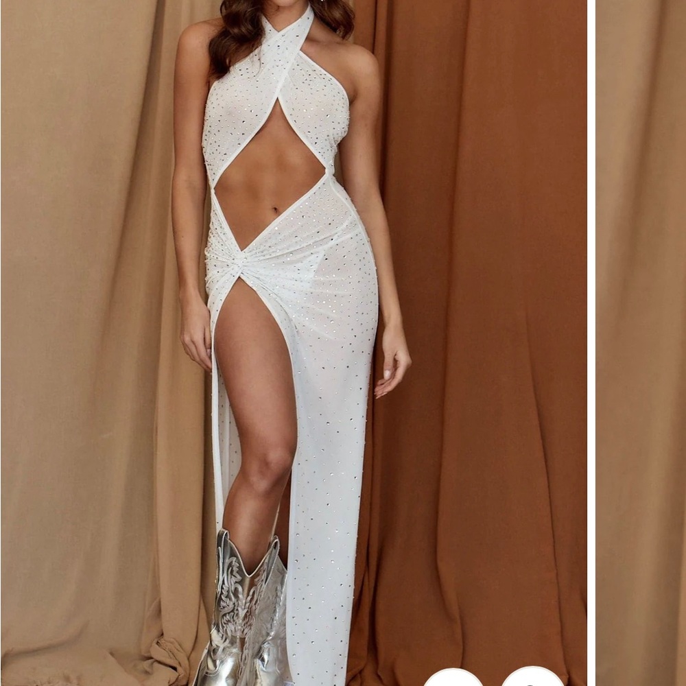 12th Tribe Cher White Rhinestone Maxi Dress